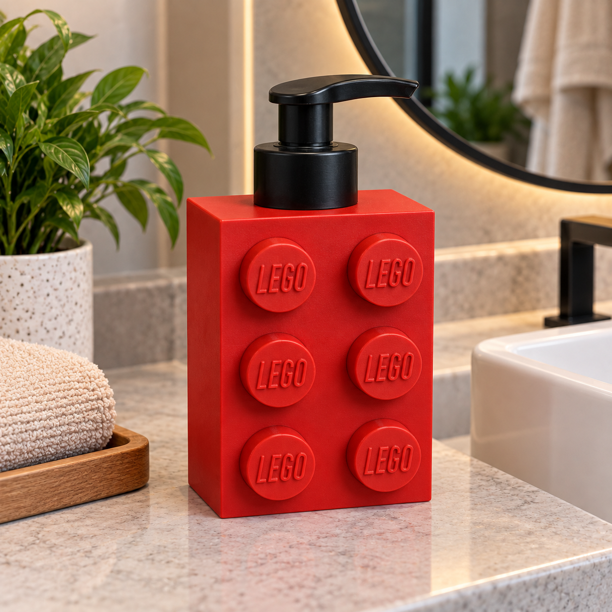 Dispenser vermelho sobre uma bancada de banheiro