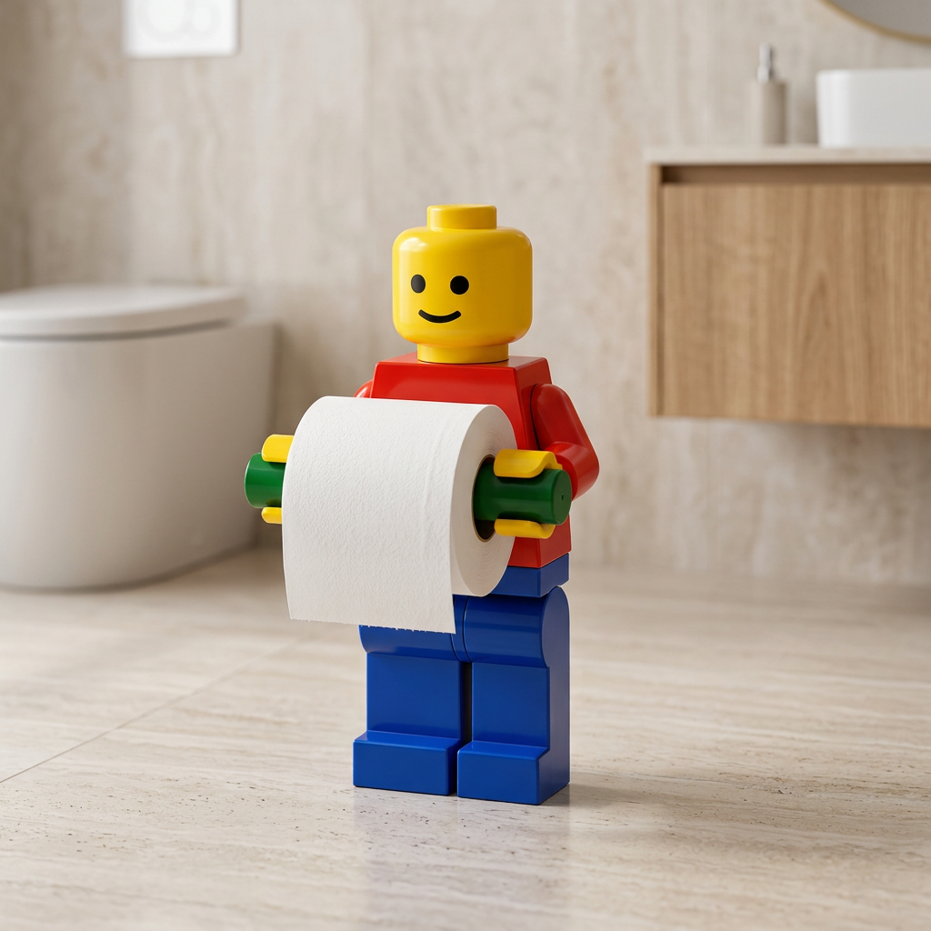 Porta-papel higiênico em formato de bonequinho em um banheiro