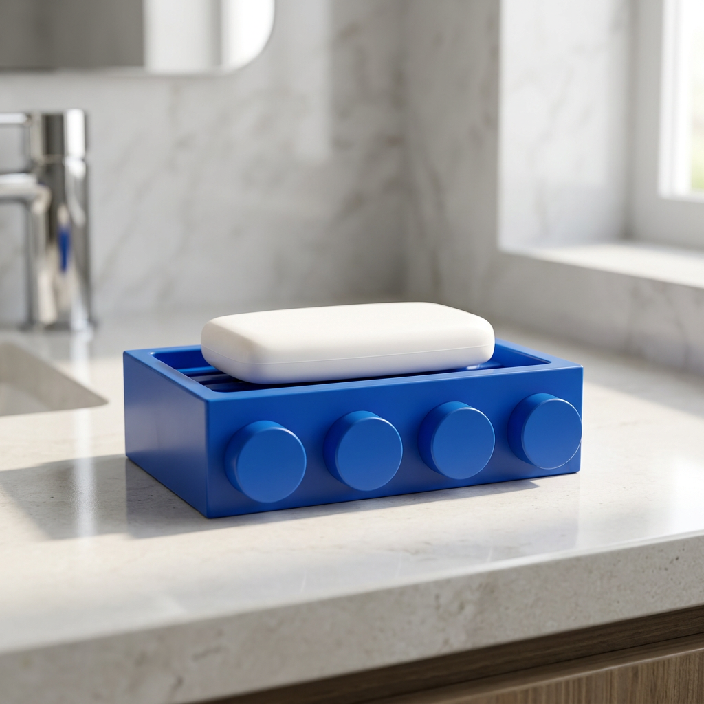 Porta-sabonete azul com sabonete branco sobre uma bancada de banheiro
